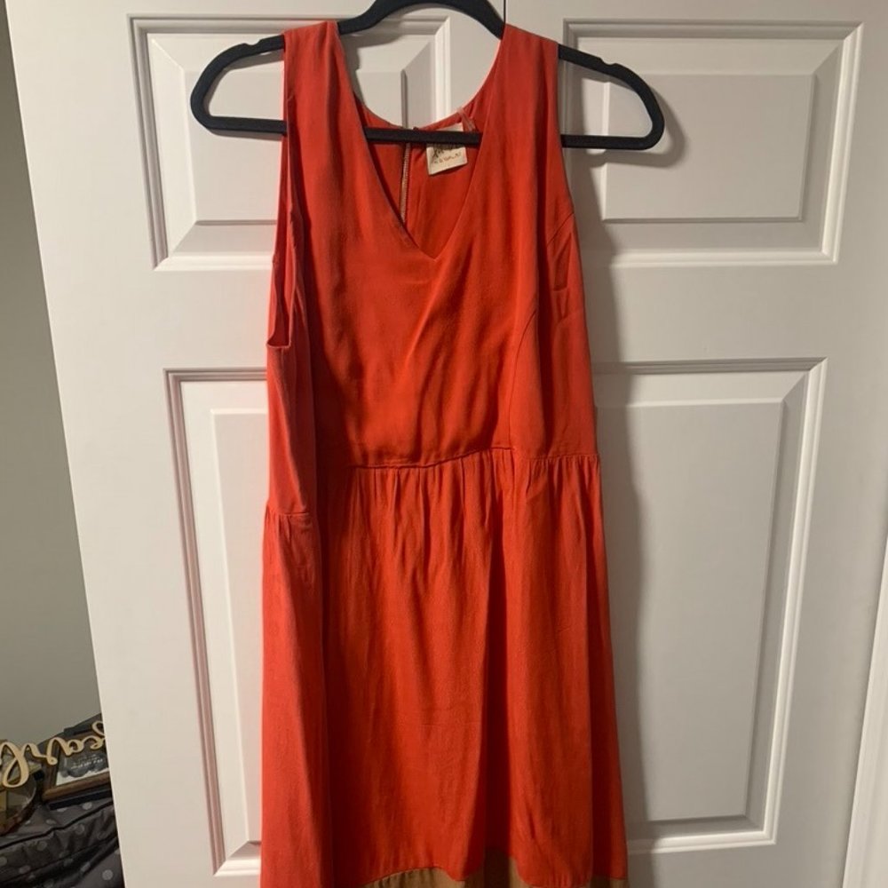 Anthropologie Coral &Tan V Neck High Low Dress - L